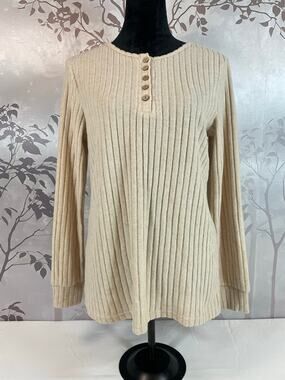 Xieerduo Henley Ribbed Knit Top Beige Oatmeal M Soft Long Sleeve Wooden Button